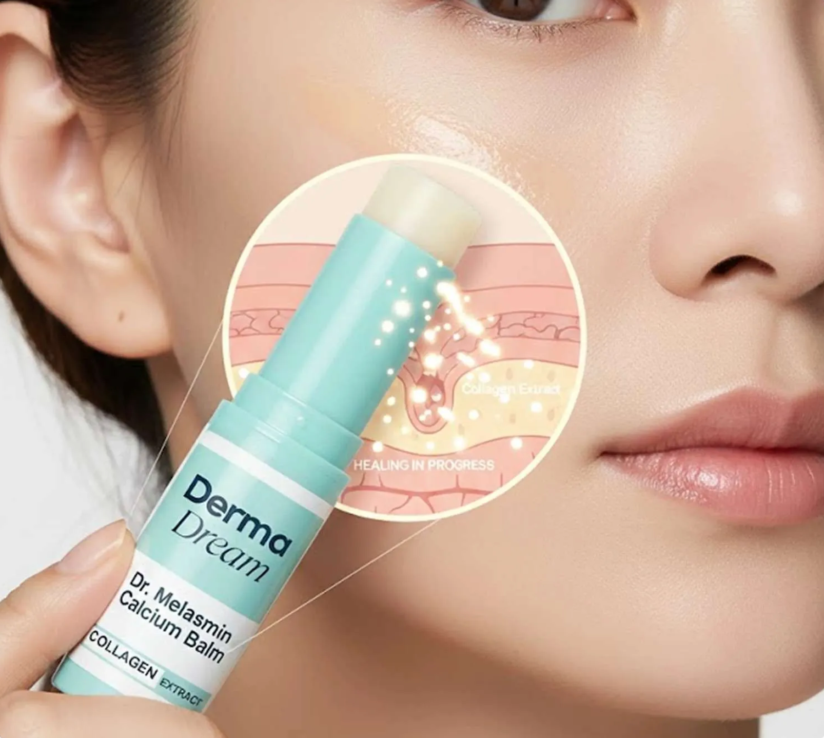 Dr. Melasmin Calcium Balm stick shown beside a model's cheek with an illustrative skin graphic