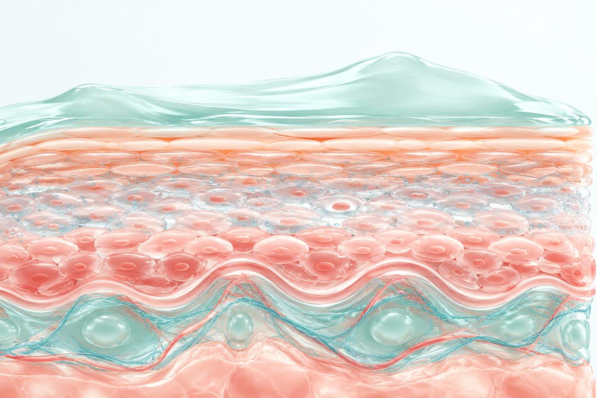 Editorial illustration of a moisturizing film resting over layers of skin